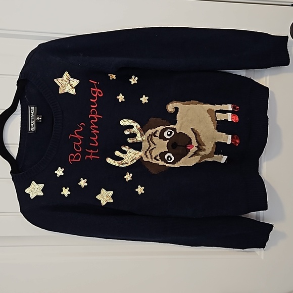 Navy Blue Bah Humpug Christmas Sweater Size S - Picture 1 of 9